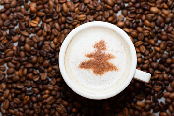 one cup of coffee cappuccino with herringbone on a concrete background with copy space