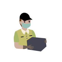 Delivery boy with a box in a  face mask with gloves , delivery service , Order, Fast Shipping, Flat Line Art Vector