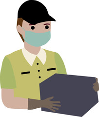 Delivery boy with a box in a  face mask with gloves , delivery service , Order, Fast Shipping, Flat Line Art Vector