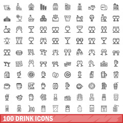 100 drink icons set, outline style