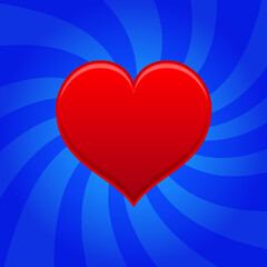 Red glossy heart on a blue swirl background. Valentine greeting card. Valentine holiday design. Love and emotion.