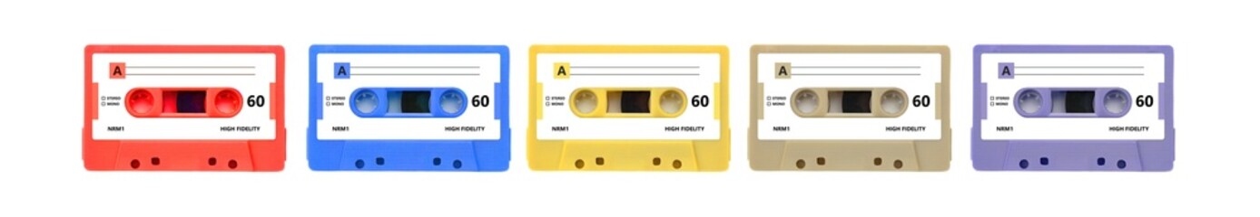Cassette tape audio isolated on white background. Colorful tape with label, retro music and sound