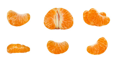 peeled slices of tangerines different angles. half of tangerine, mandarin slices isolated on white background with clipping path. full depth of field