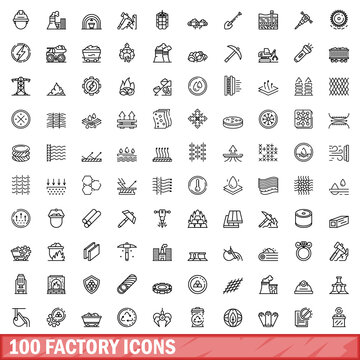 100 factory icons set, outline style