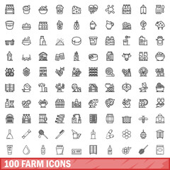100 farm icons set, outline style