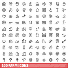 100 farm icons set, outline style