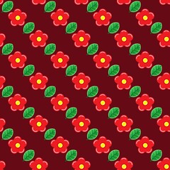 Red flower and green leaves, seamless pattern on the crimson background. Vector illustration. Wrapping paper.