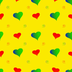 Red and green hearts along with spirals on a yellow background. For Valentine's Day. Vector drawing for February 14th. SEAMLESS PATTERN WITH HEARTS. For wallpaper, background, postcards.