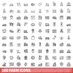 100 farm icons set, outline style