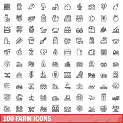100 farm icons set, outline style