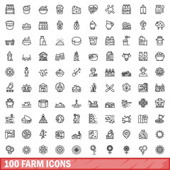 100 farm icons set, outline style