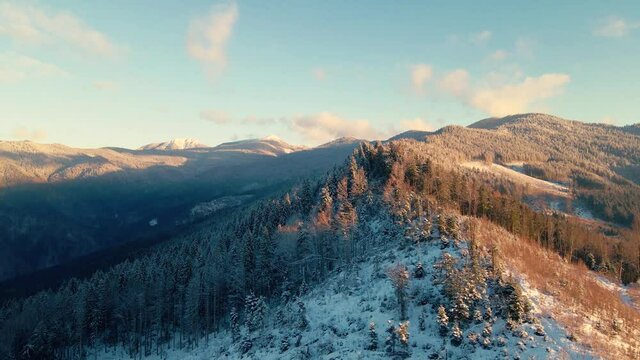 Amazing calm winter morning in the mountains. Relaxing aerial footage