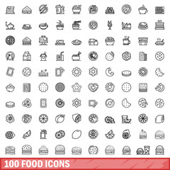 100 food icons set, outline style