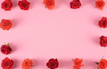 Fototapeta na wymiar Frame of red and orange roses on a pink background. Place for text.