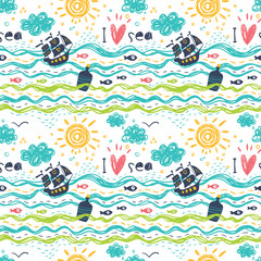 Obraz premium Seamless pattern in the concept of children's drawings. Seamless pattern with ships, fish, sun, clouds, sea and waves.
