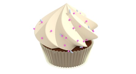cupcake with decorative ball. 3d rendering a muffin decorated with whipped cream