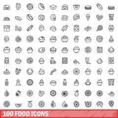 100 food icons set, outline style