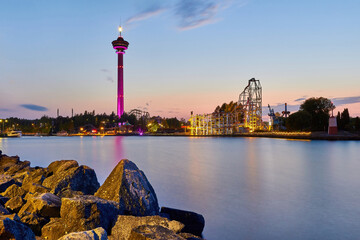 Näsinneula tower and Särkänniemi amusement park at blue hour in Tampere