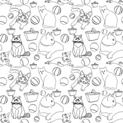 Doodle cats seamless animalistic pattern with cats, balls and baskets
