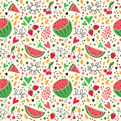 Bright pattern with watermelon, strawberries and hearts.