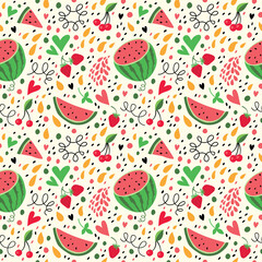 Bright pattern with watermelon, strawberries and hearts.