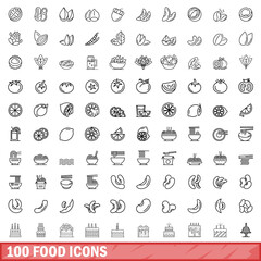 100 food icons set, outline style