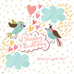 Happy Birthday. Greeting card with birds and flowers. 