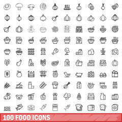 100 food icons set, outline style