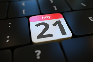July 21 date on a keyboard key, 3d rendering