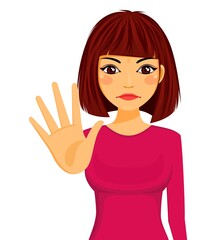 A young woman pushed her palm forward in protest. Emotions. Character. Flat style. Cartoon