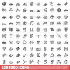 100 food icons set, outline style