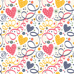 Seamless pattern with serpentine, balloons and hearts.