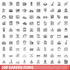 100 garden icons set, outline style