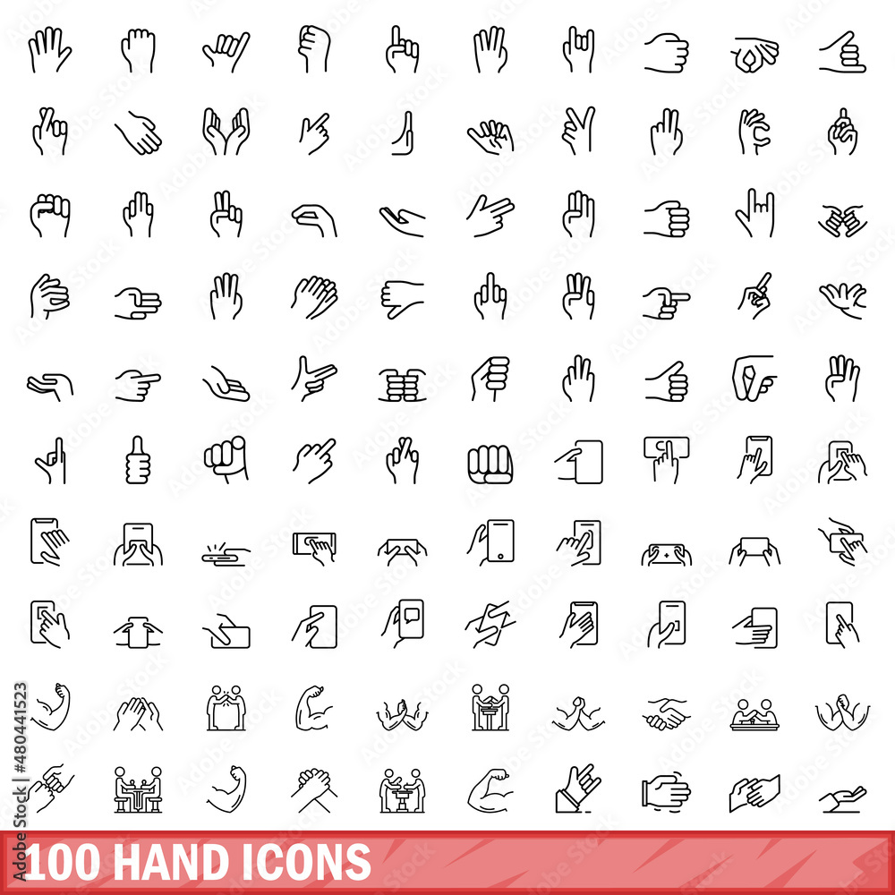 Wall mural 100 hand icons set, outline style