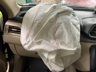 Airbag exploded at a car accident, Car Crash and air bag, Air bags, Passive Safety Features. Car of accident make airbag explosion damaged at claim the insurance company. Double exposure car accident 