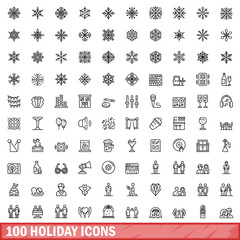 100 holiday icons set, outline style