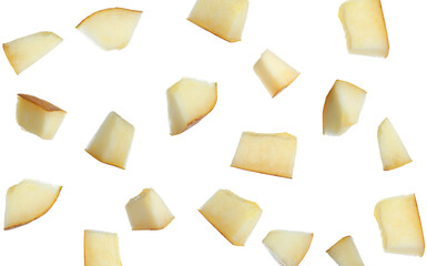 Pieces of delicious ripe melon falling on white background