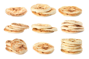 Set with tasty pitas on white background