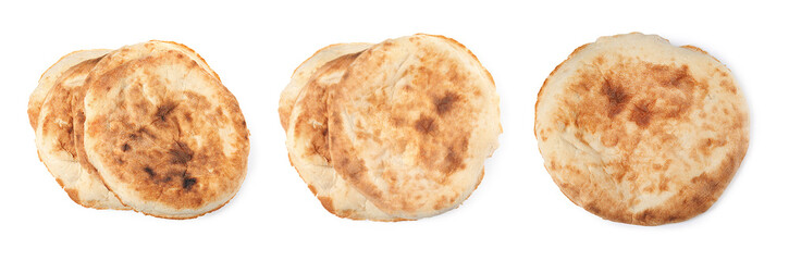 Set with tasty pitas on white background, top view. Banner design