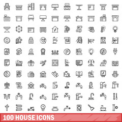 100 house icons set, outline style