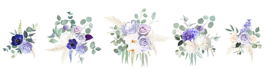 Periwinkle violet, purple anemone, dusty mauve and lilac rose, white hydrangea, hyacinth - obrazy, fototapety, plakaty