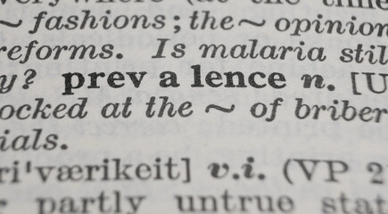 Prevalence dictionary definition close-up. Shallow depth of field.