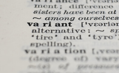 Variant dictionary definition close-up. Shallow depth of field.