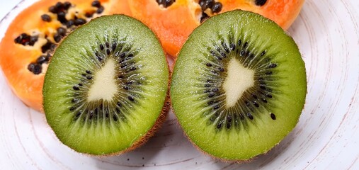 Fruit background. Juicy slicing of fruit and citrus. Bright fresh slices of kiwi and papaya. Juicy...