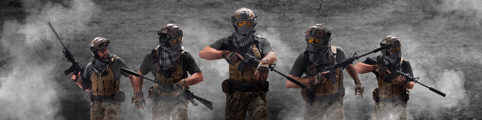 Fivel mercenaries soldiers, during a special operation in smoke. Collage - one model in five poses.
