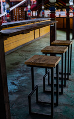 empty bar stools and table in an empty room