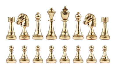 Fototapeta na wymiar Set with golden chess pieces on white background