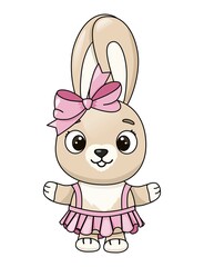 Cute bunny girl with pink bow and pink skirt. Print for a postcard. Easter Bunny