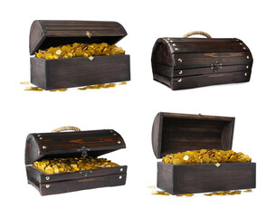 Set with treasure chests full of gold coins on white background