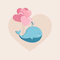 Whale with balloons in the form of a heart. In concept of love, valentines day. Vector illustration design.Postcard. Valentine